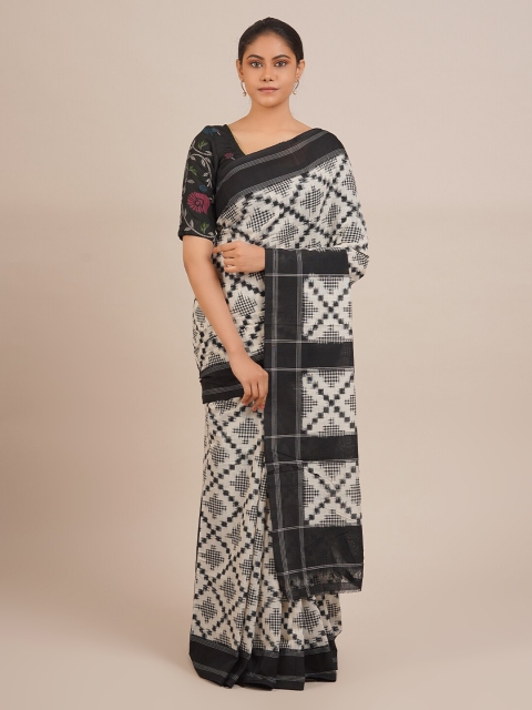 

Pothys Cream-Coloured & Black Pure Cotton Printed Sambalpuri Saree