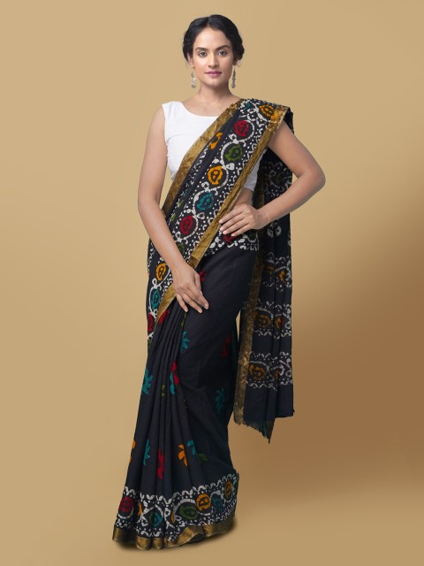 

Unnati Silks Black Pure Cotton Printed Patola Saree