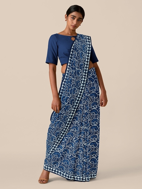 

Taneira Blue & White Pure Cotton Printed Block Print Saree
