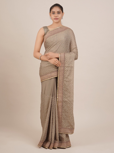

Pothys Taupe & Gold-Toned Poly Georgette Embroidered Saree