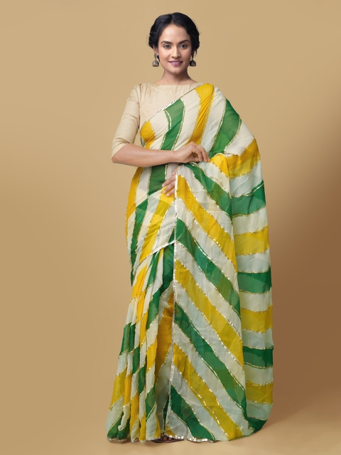 

Unnati Silks Green & Yellow Pure Chiffon Striped Gota Patti Bhagalpuri Saree