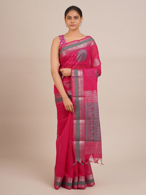 

Pothys Pink & Silver-Toned Silk Cotton Woven Design Saree