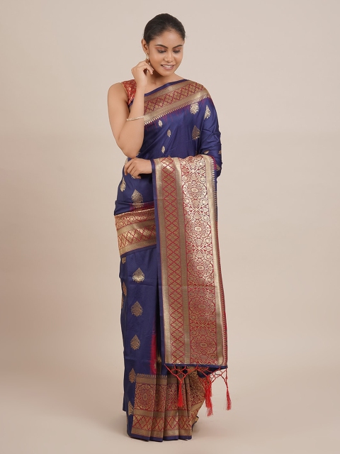 

Pothys Navy Blue & Gold-Toned Cotton Blend Woven Design Saree With Tasseled Pallu