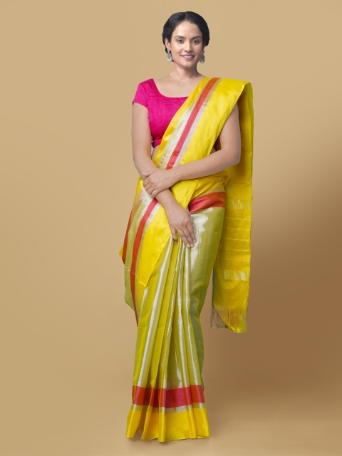 

Unnati Silks Green & Yellow Tissue Solid Kanjeevaram Sustainable Saree