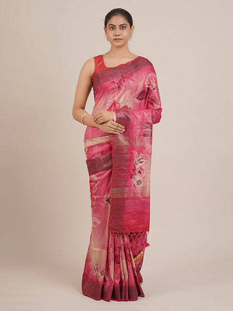 

Pothys Pink Printed Jute Silk Saree