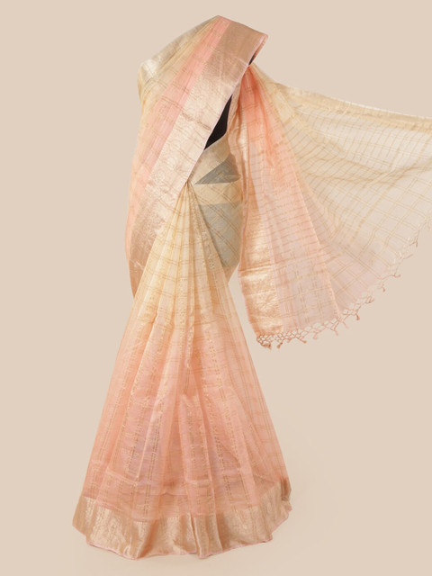 

Pothys Peach-Coloured Checked Pure Silk Saree