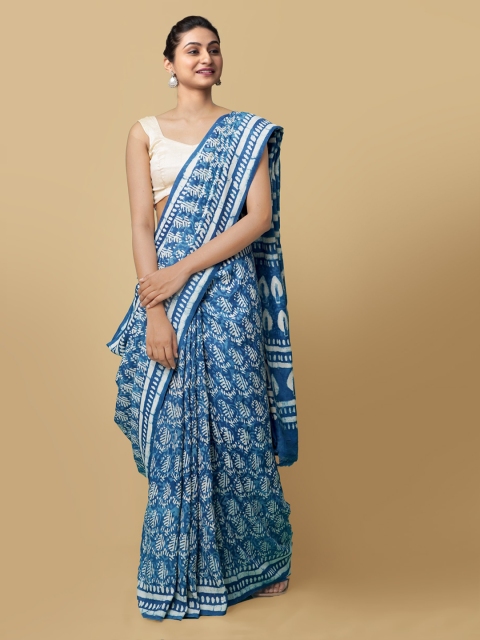 

Unnati Silks Blue Pure Silk Printed Tussar Saree