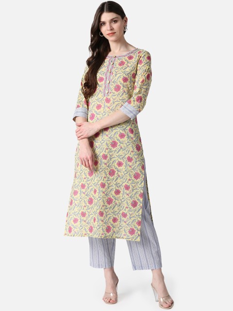 

AHIKA Women Yellow & Blue Printed Kurta with Trousers