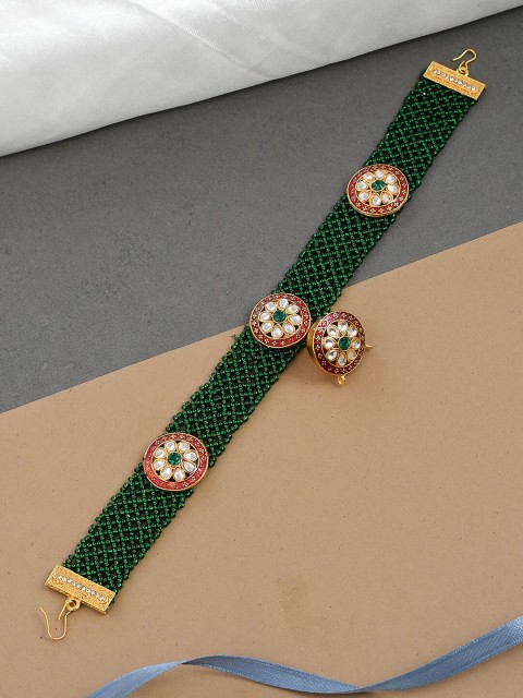 

Silvermerc Designs Green Gold-Plated Kundan-Studded & Beaded Headband Matha Patti