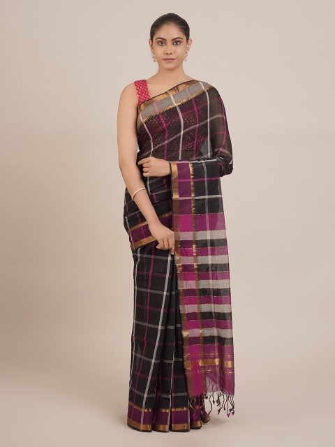 

Pothys Black & Purple Pure Cotton Checked Mangalagiri Saree