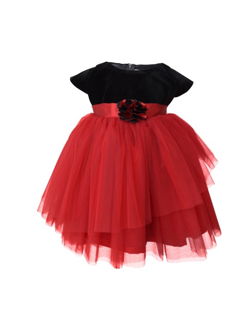 

Faye Girls Red & Black Velvet Finish Solid Net Fit and Flare Dress