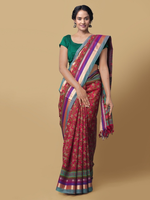 Unnati Silks Red Silk Cotton Printed Chanderi Saree