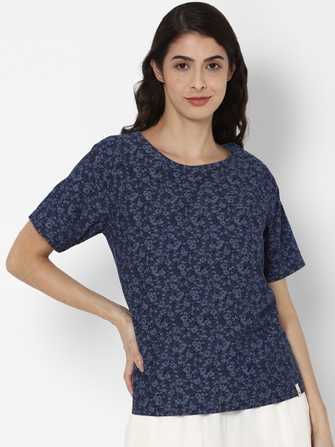 Allen Solly Woman Navy Blue Floral Printed Pure Cotton Regular Top