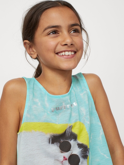 H&M Girls Turquoise Blue & White Printed Vest Top