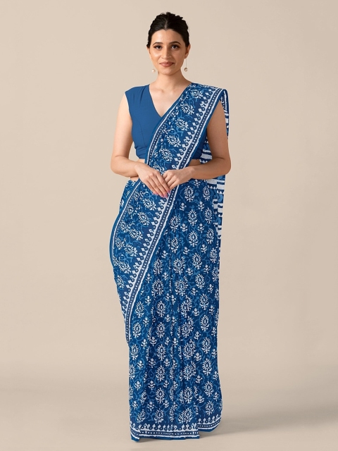 

Taneira Blue Pure Cotton Printed Block Print Saree