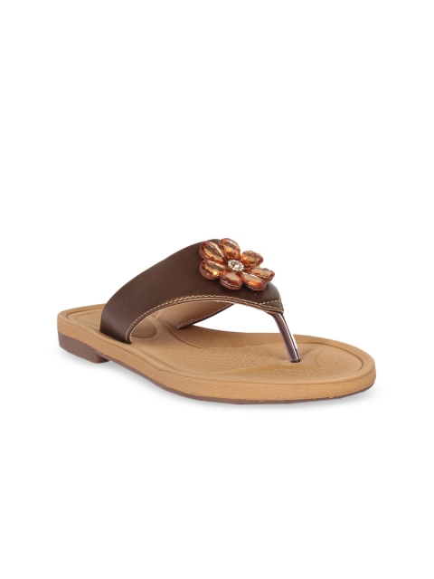 

Bella Toes Women Copper-Toned Embellished PU T-Strap Flats