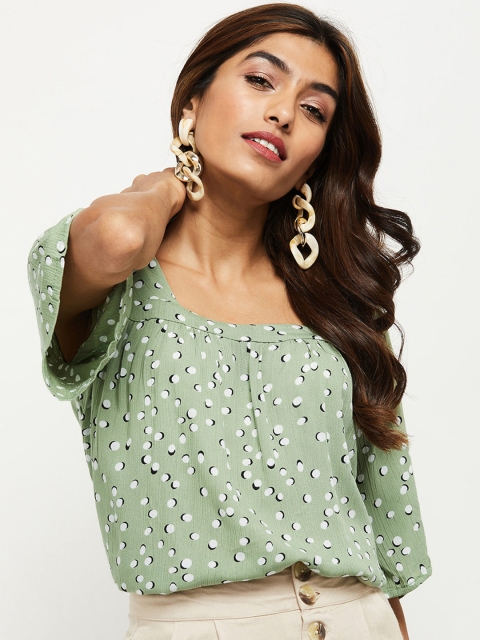 

max Green & White Printed Georgette Blouson Top