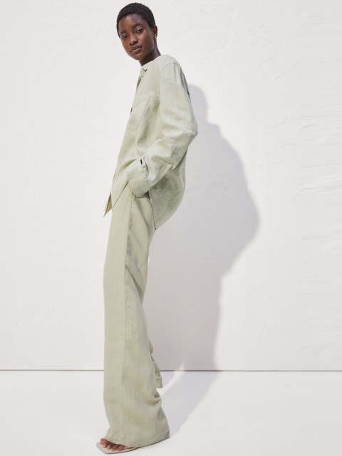 

H&M Women Sage Green Solid Linen Shirt