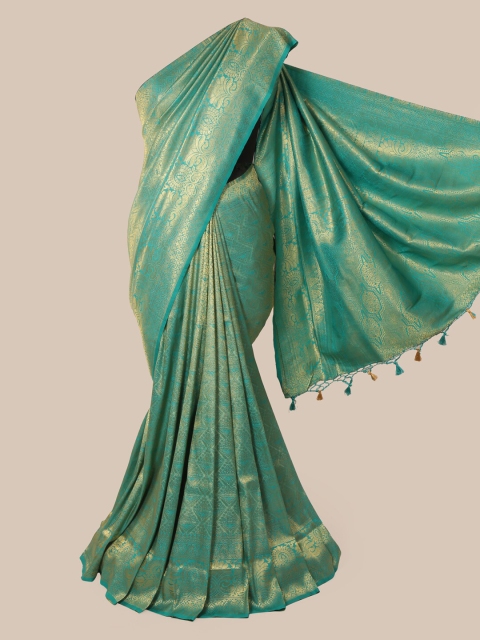 

Pothys Green & Gold-Toned Pure Silk Woven Design Banarasi Saree With Tasseled Pallu