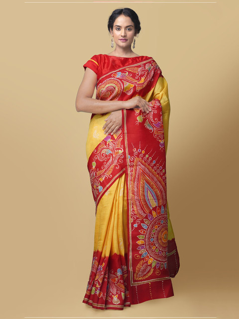 

Unnati Silks Red Printed Tussar Saree
