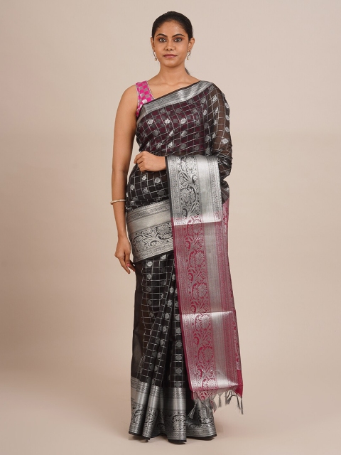 

Pothys Black & Silver-Toned Silk Cotton Woven Design Saree With Tasseled Pallu