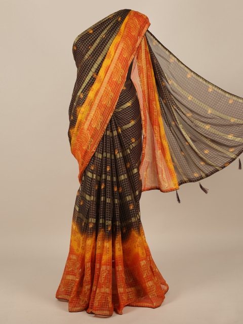 

Pothys Brown & Orange Poly Chiffon Checked Saree