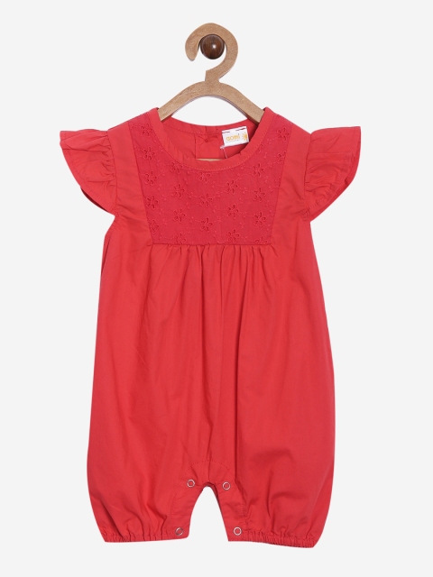 

Aomi Infant Kids Red Solid Cotton Rompers with Schiffli Embroidered Detail