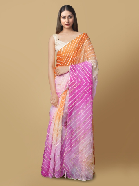 

Unnati Silks Orange & Pink Pure Chiffon Striped Bhagalpuri Saree