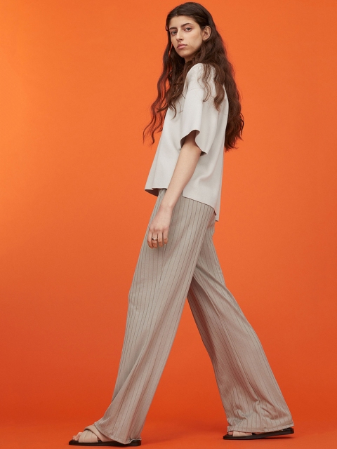 

H&M Women Beige Wide-Ribbed Trousers