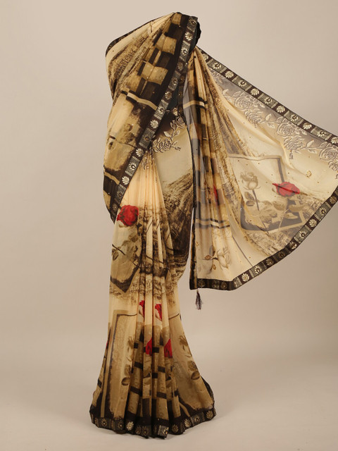 

Pothys Cream-Coloured Printed Poly Chiffon Saree