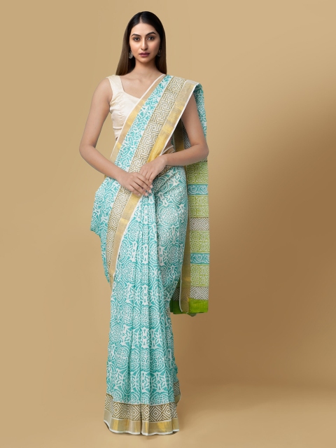 

Unnati Silks White & Blue Pure Cotton Printed Kasavu Saree