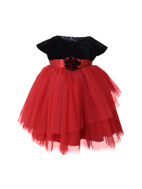 

Faye Girls Red & Black Velvet Finish Solid Net Fit and Flare Dress