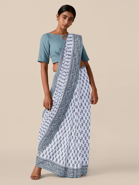 

Taneira White Pure Cotton Printed Block Print Saree