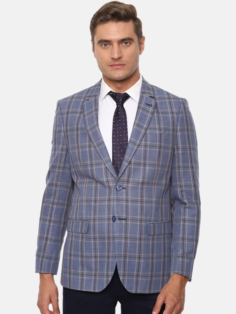 

Van Heusen Men Blue & Brown Checked Slim-Fit Single-Breasted Formal Blazer
