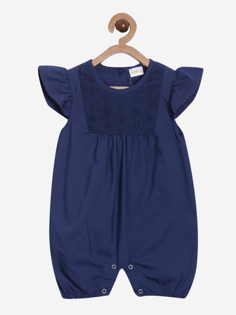 

Aomi Infant Kids Navy Blue Solid Cotton Rompers with Schiffli Embroidered Detail