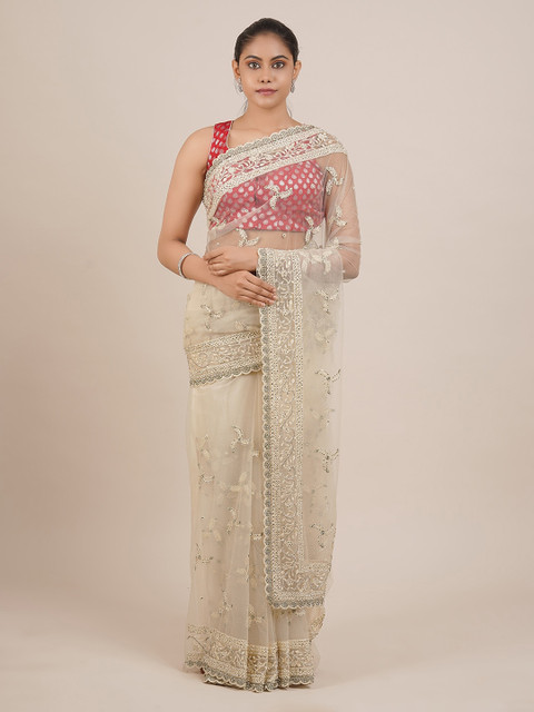 

Pothys White Embroidered Net Saree