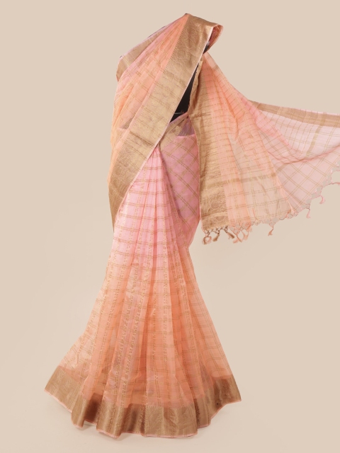 

Pothys Peach-Coloured Checked Pure Silk Saree