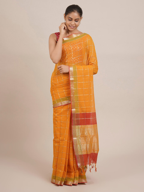 

Pothys Yellow & Gold-Toned Pure Cotton Checked Mangalagiri Saree