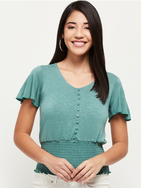 

max Green Flared Sleeves Georgette Smocked Top
