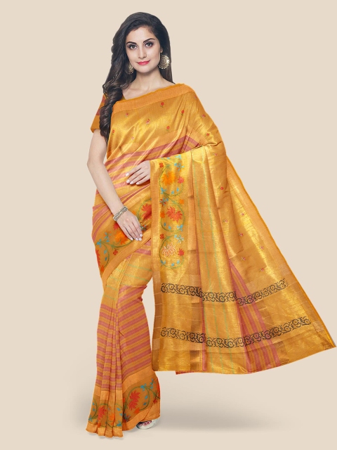 Kalamandir Mustard Yellow & Maroon Cotton Blend Striped Saree