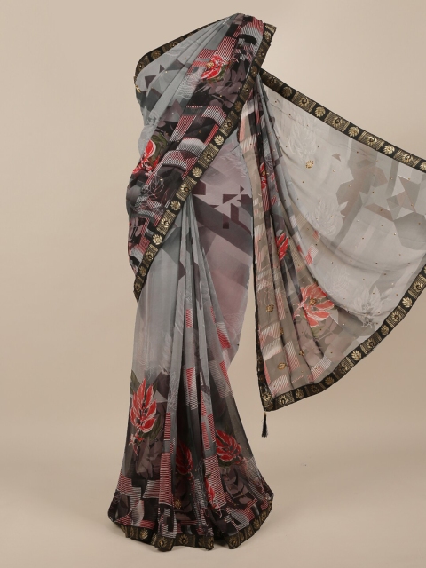 

Pothys Grey Printed Poly Chiffon Saree