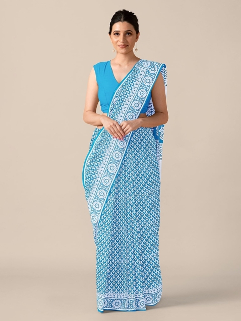 

Taneira Blue & White Pure Cotton Printed Block Print Saree