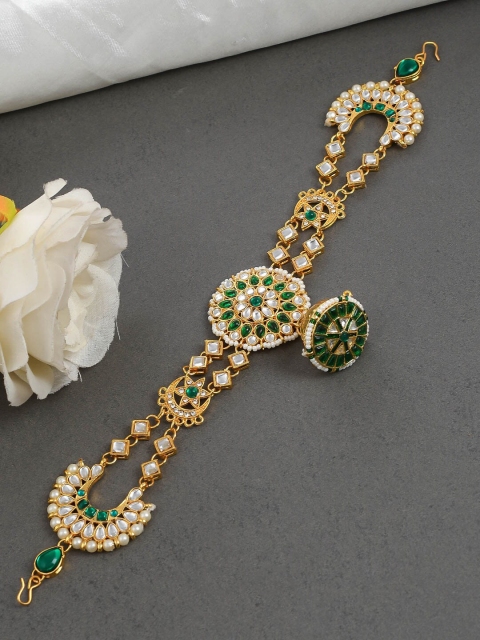 

Silvermerc Designs Gold-Plated & Green Pearl Studded Meenakari Matha Patti with Borla