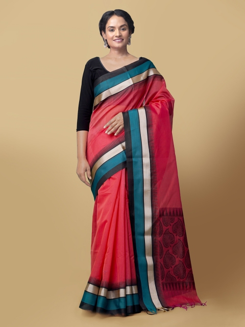 

Unnati Silks Red Silk Cotton Solid Baluchari Saree