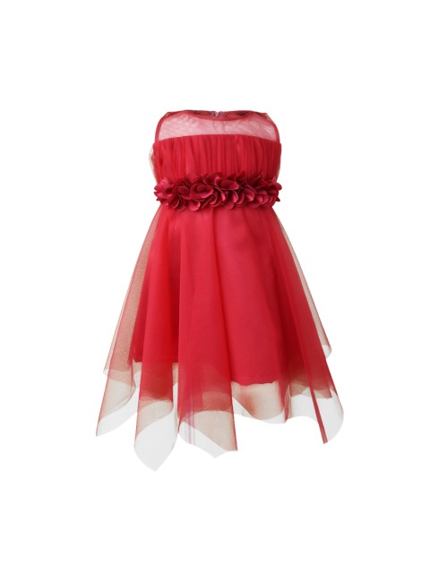 

Faye Girls Red Solid Asymmetric Hem Net Fit and Flare Dress