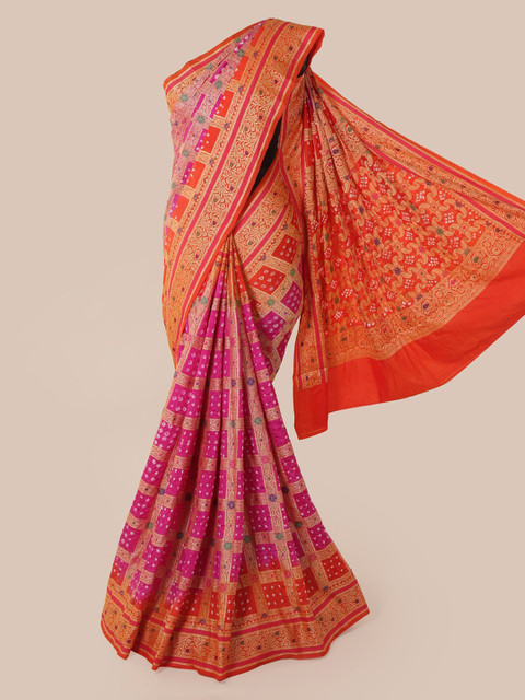 

Pothys Magenta & Orange Pure Silk Woven Design Bandhani Saree