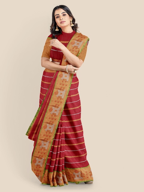 

Kalamandir Red & Gold-Toned Cotton Blend Striped Saree