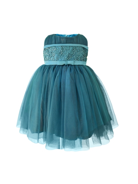 

Faye Girls Teal Green Embroidered Net Midi Fit and Flare Dress