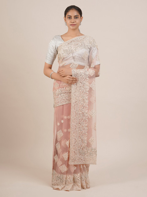 

Pothys Peach-Coloured Embroidered Supernet Saree