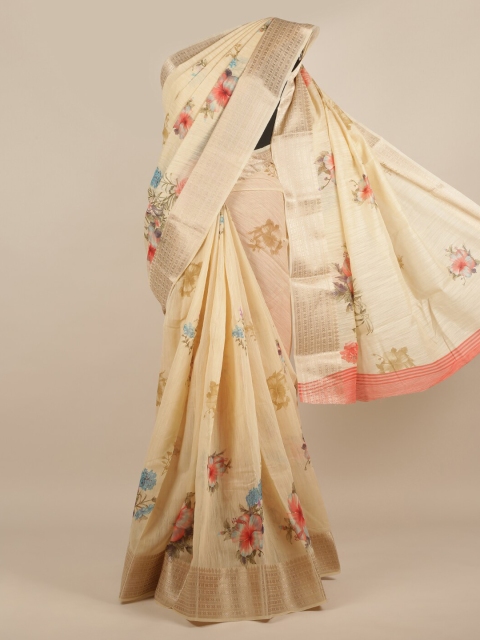 

Pothys Cream-Coloured Printed Jute Silk Saree